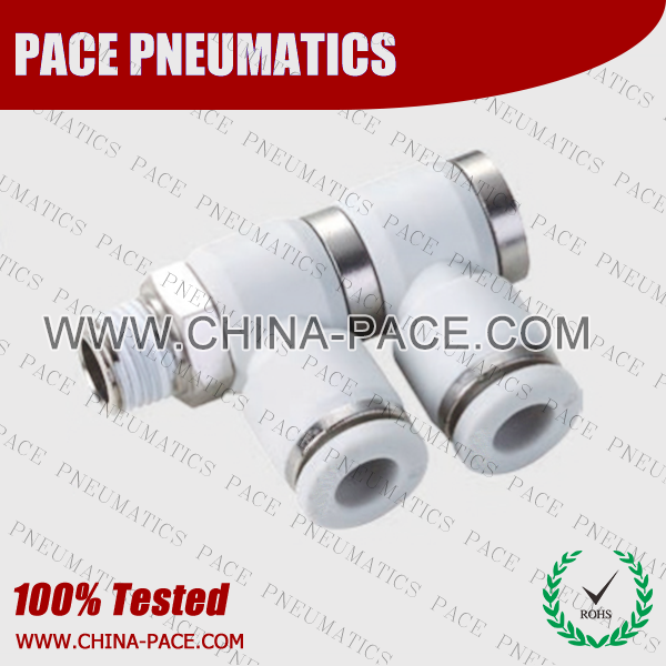 Grey White Push In Fittings Double Universal Banjo Elbow, Polymer Pneumatic Fittings, Composite Air Fittings, Plastic Push To Connect Fittings, one touch tube fittings, Pneumatic Fitting, Nickel Plated Brass Push in Fittings, pneumatic accessories.